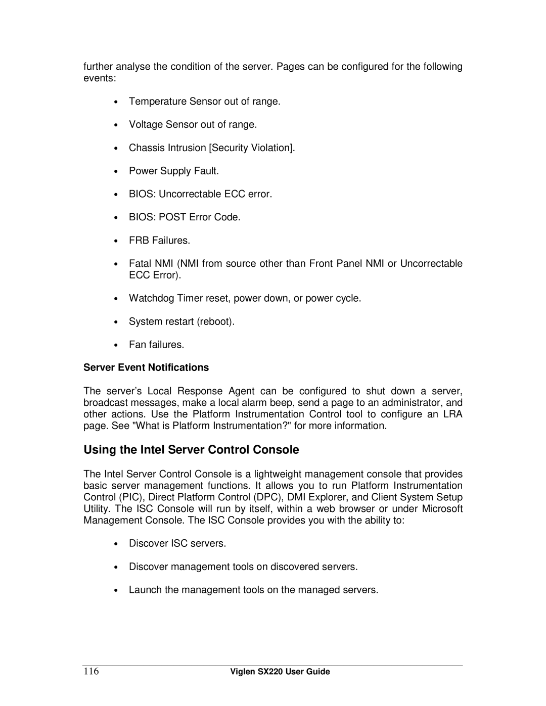 Intel SX220 manual Using the Intel Server Control Console, Server Event Notifications, 116 