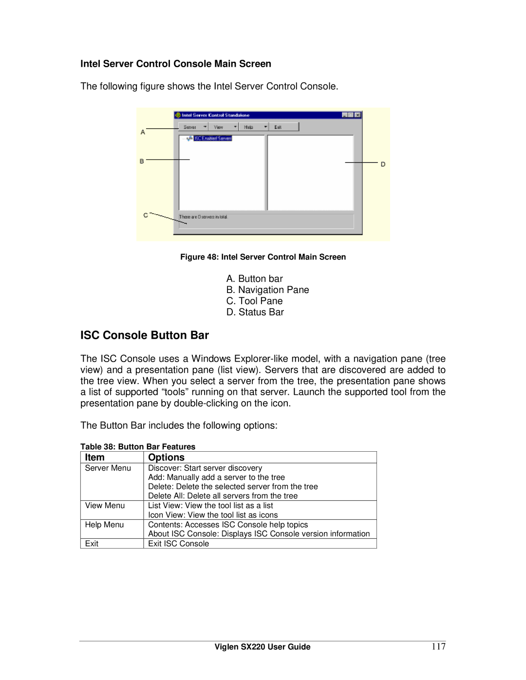 Intel SX220 manual ISC Console Button Bar, Intel Server Control Console Main Screen, 117, Button Bar Features 