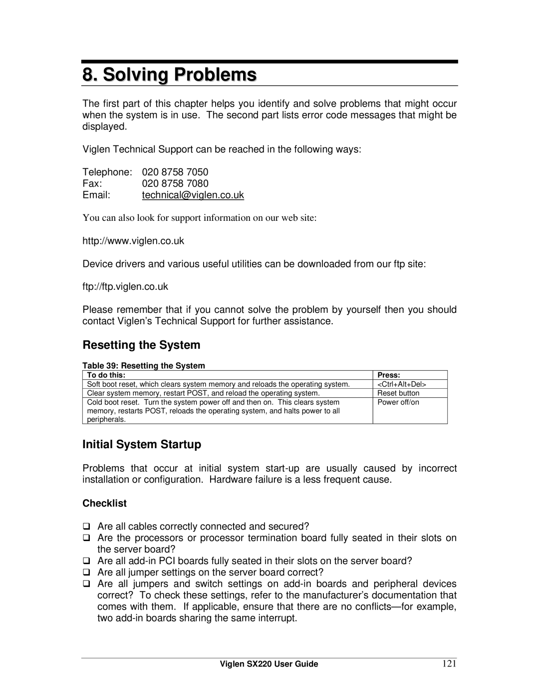 Intel SX220 manual Solving Problems, Resetting the System, Initial System Startup, Checklist, 121 