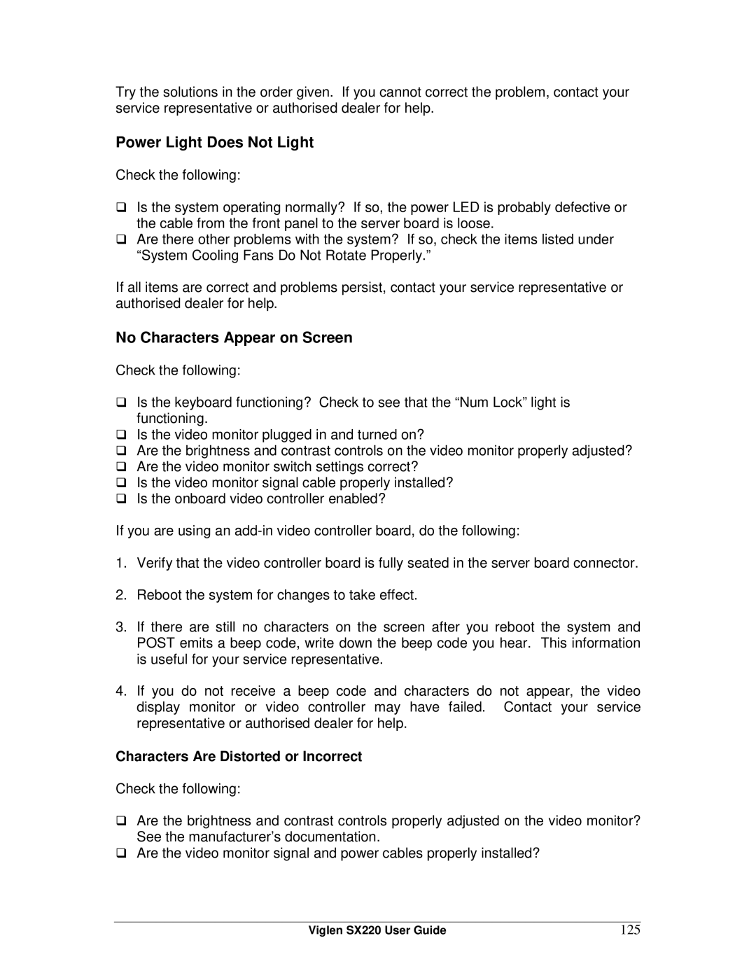 Intel SX220 manual Characters Are Distorted or Incorrect, 125 