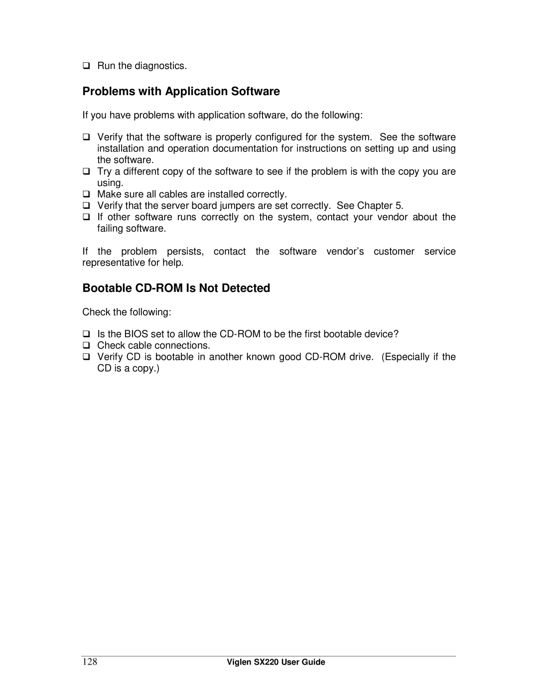 Intel SX220 manual Problems with Application Software, Bootable CD-ROM Is Not Detected, 128 