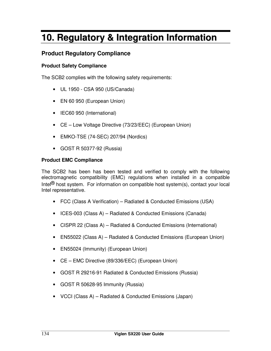 Intel SX220 manual Regulatory & Integration Information, Product Regulatory Compliance, Product Safety Compliance, 134 