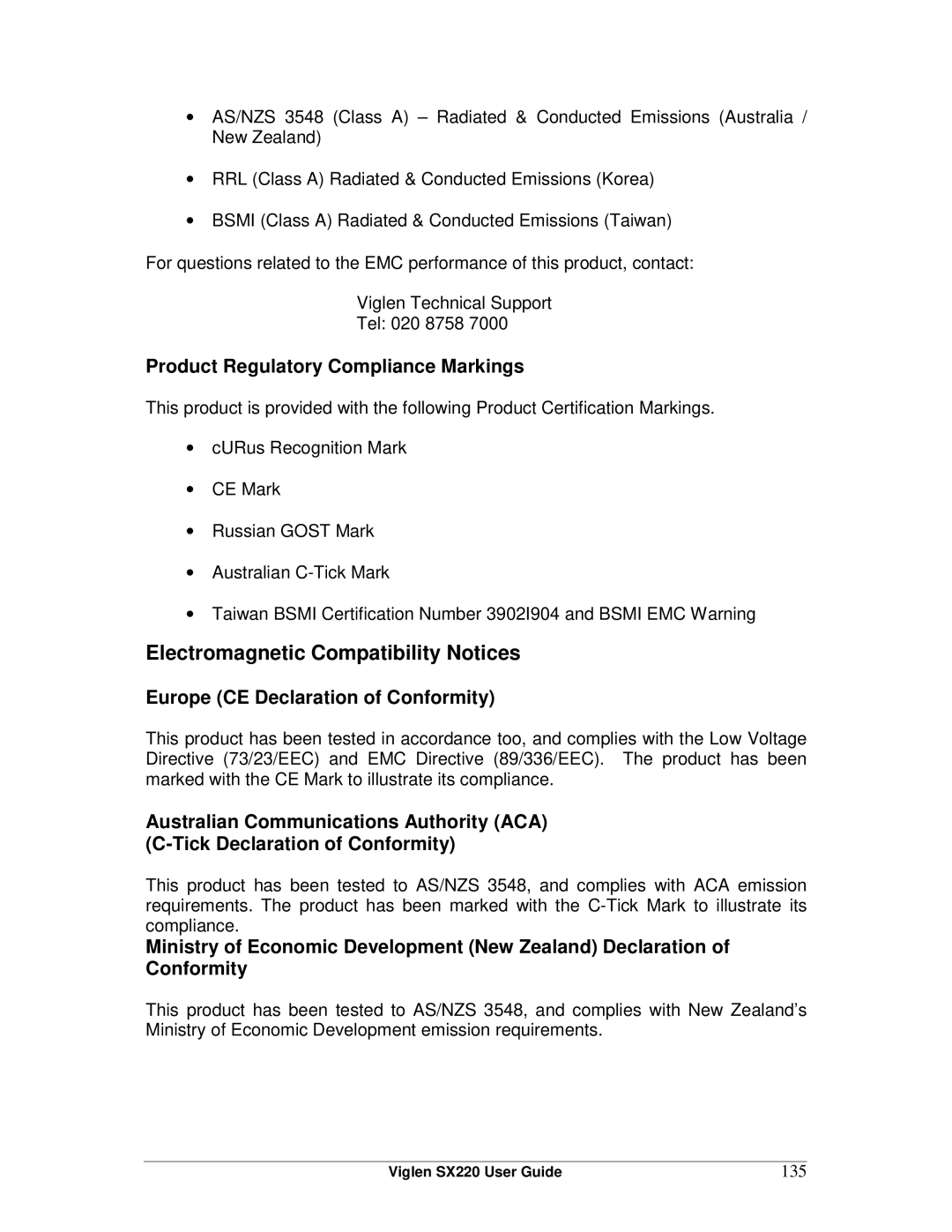 Intel SX220 manual Electromagnetic Compatibility Notices, 135 