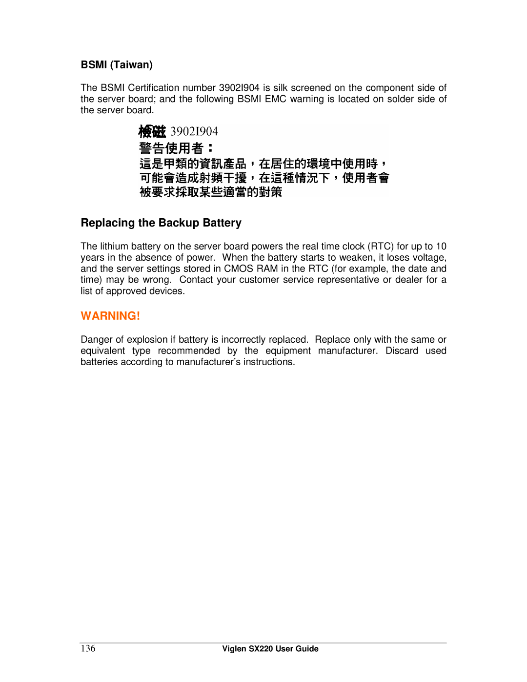 Intel SX220 manual Replacing the Backup Battery, 136 