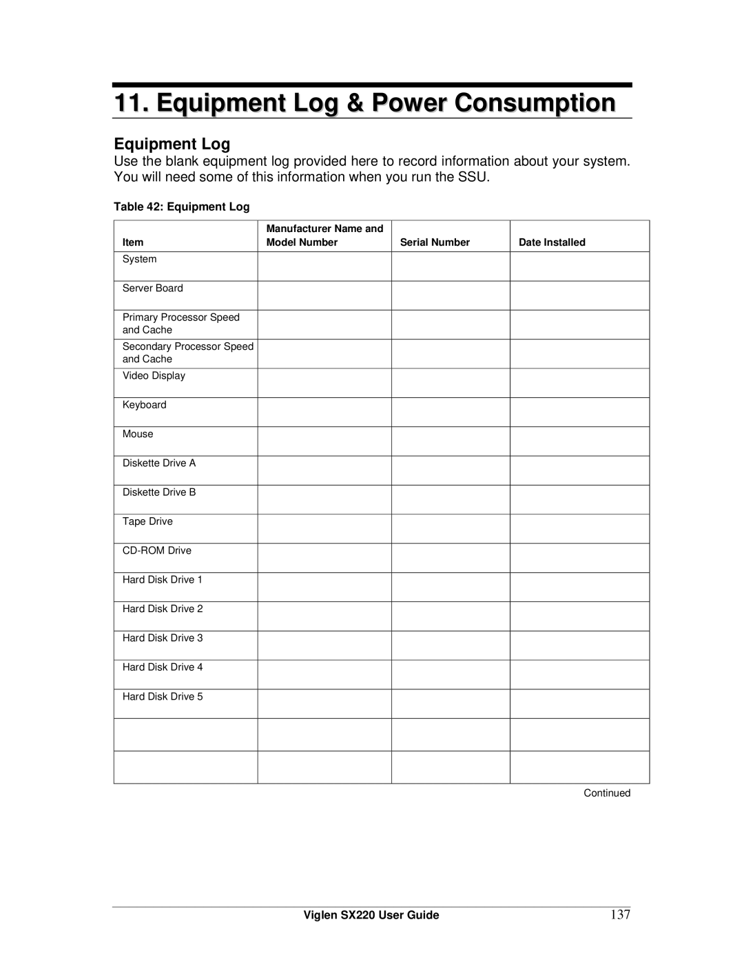 Intel SX220 manual Equipment Log & Power Consumption, 137, Manufacturer Name Model Number Serial Number 