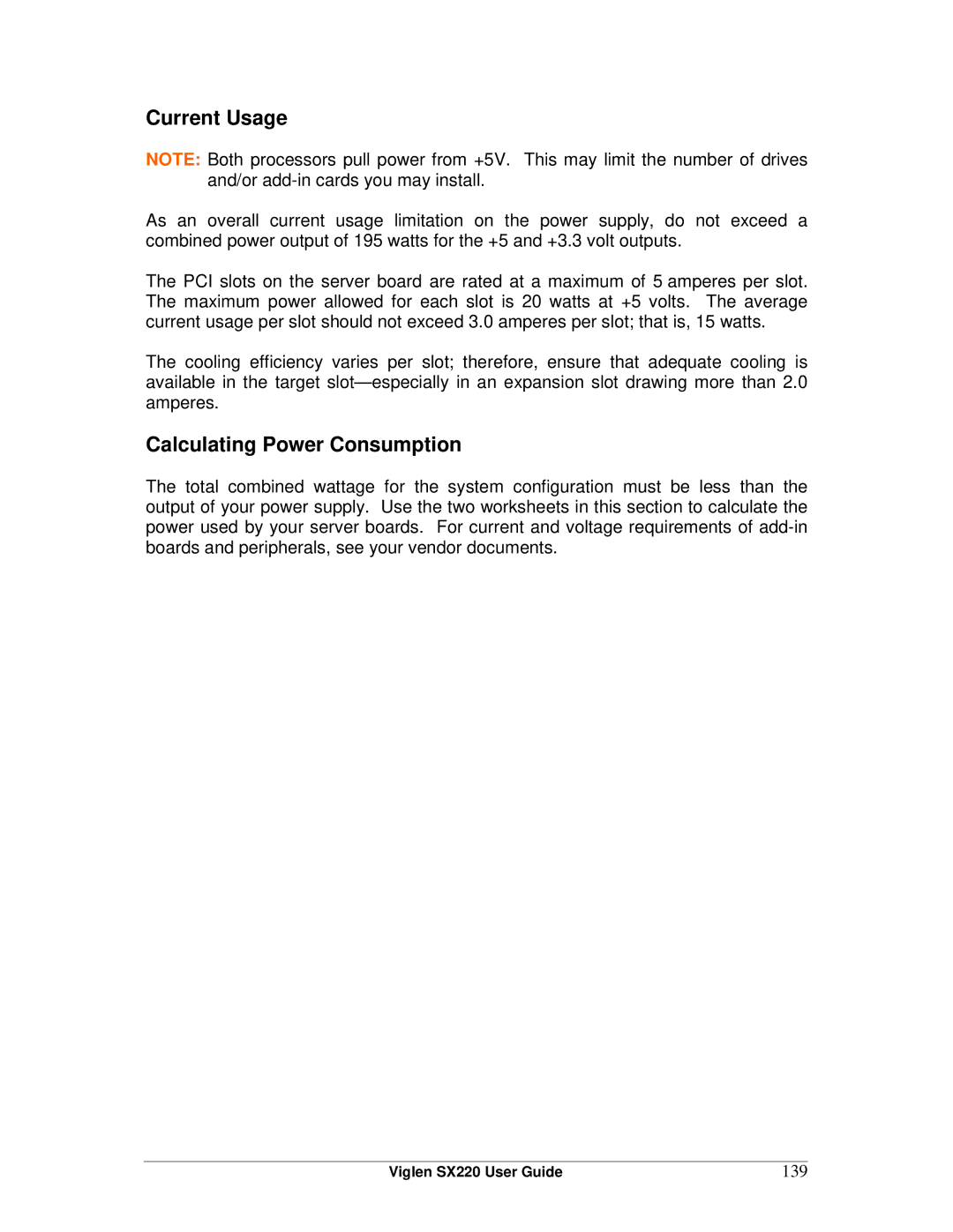 Intel SX220 manual Current Usage, Calculating Power Consumption, 139 