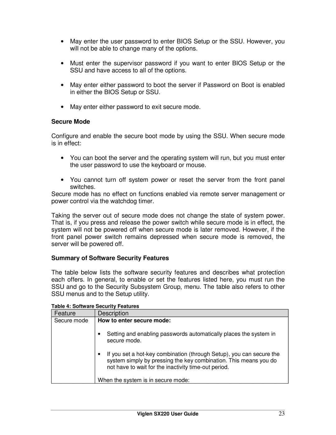 Intel SX220 manual Secure Mode, Summary of Software Security Features 