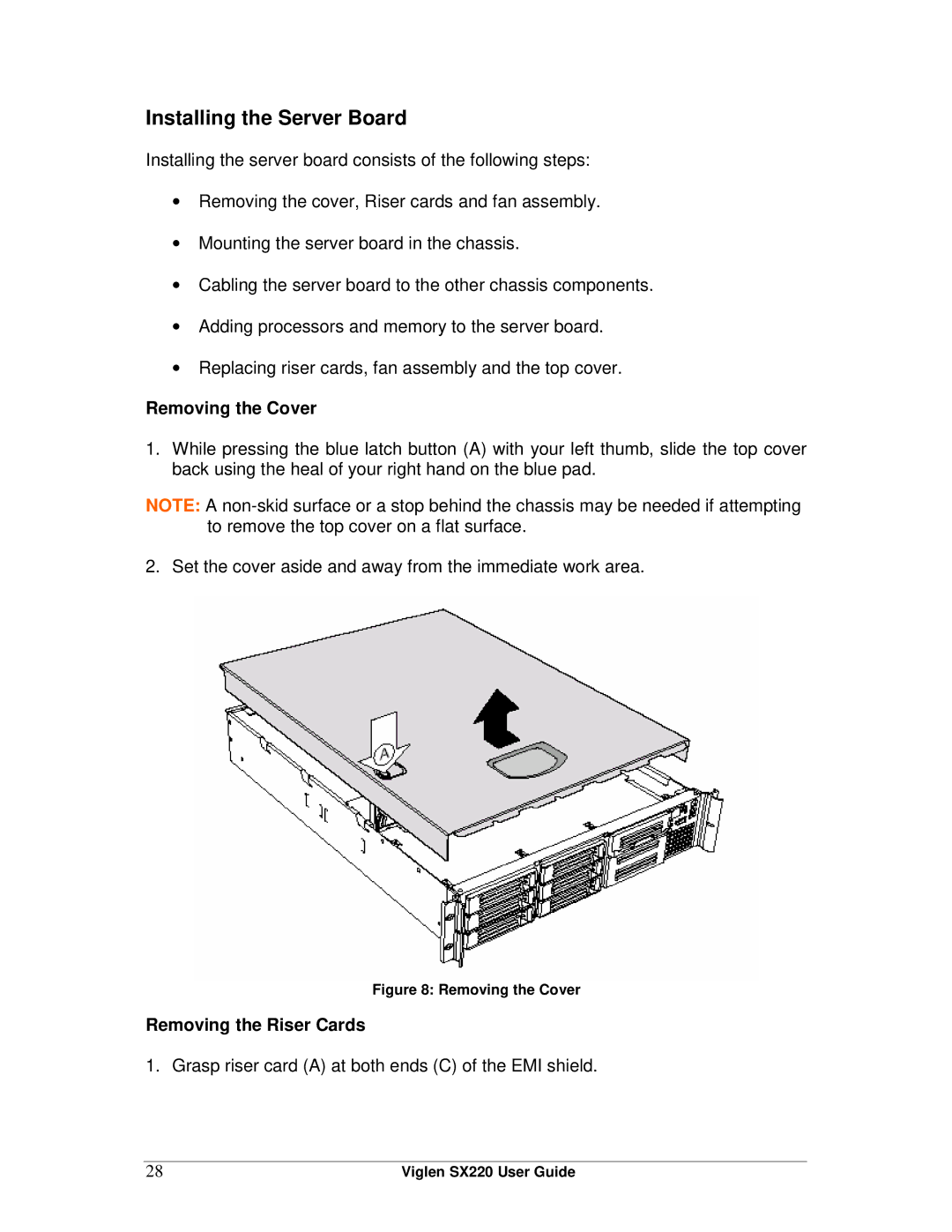 Intel SX220 manual Installing the Server Board, Removing the Cover, Removing the Riser Cards 