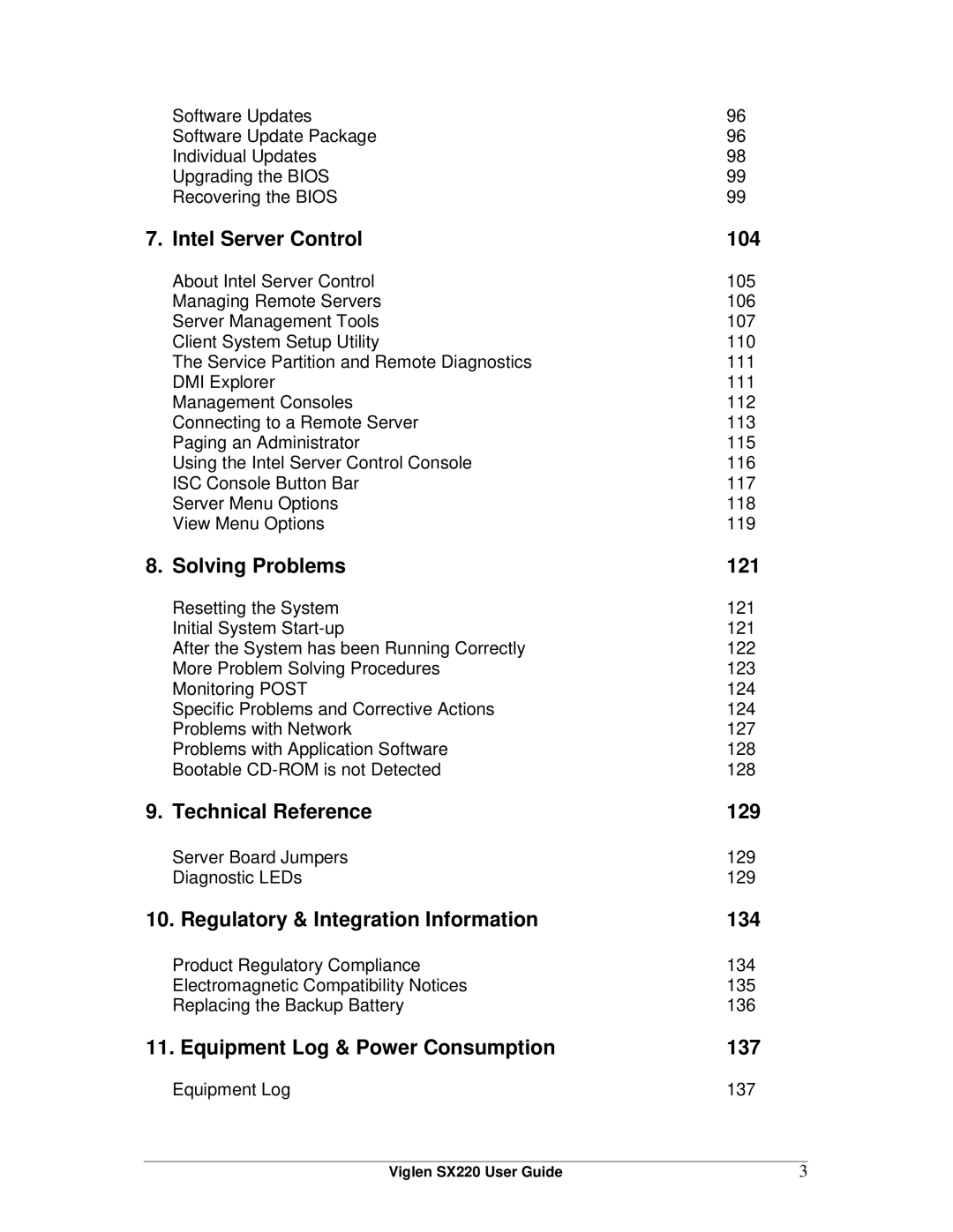 Intel SX220 Intel Server Control 104, Solving Problems 121, Technical Reference 129, Equipment Log & Power Consumption 137 