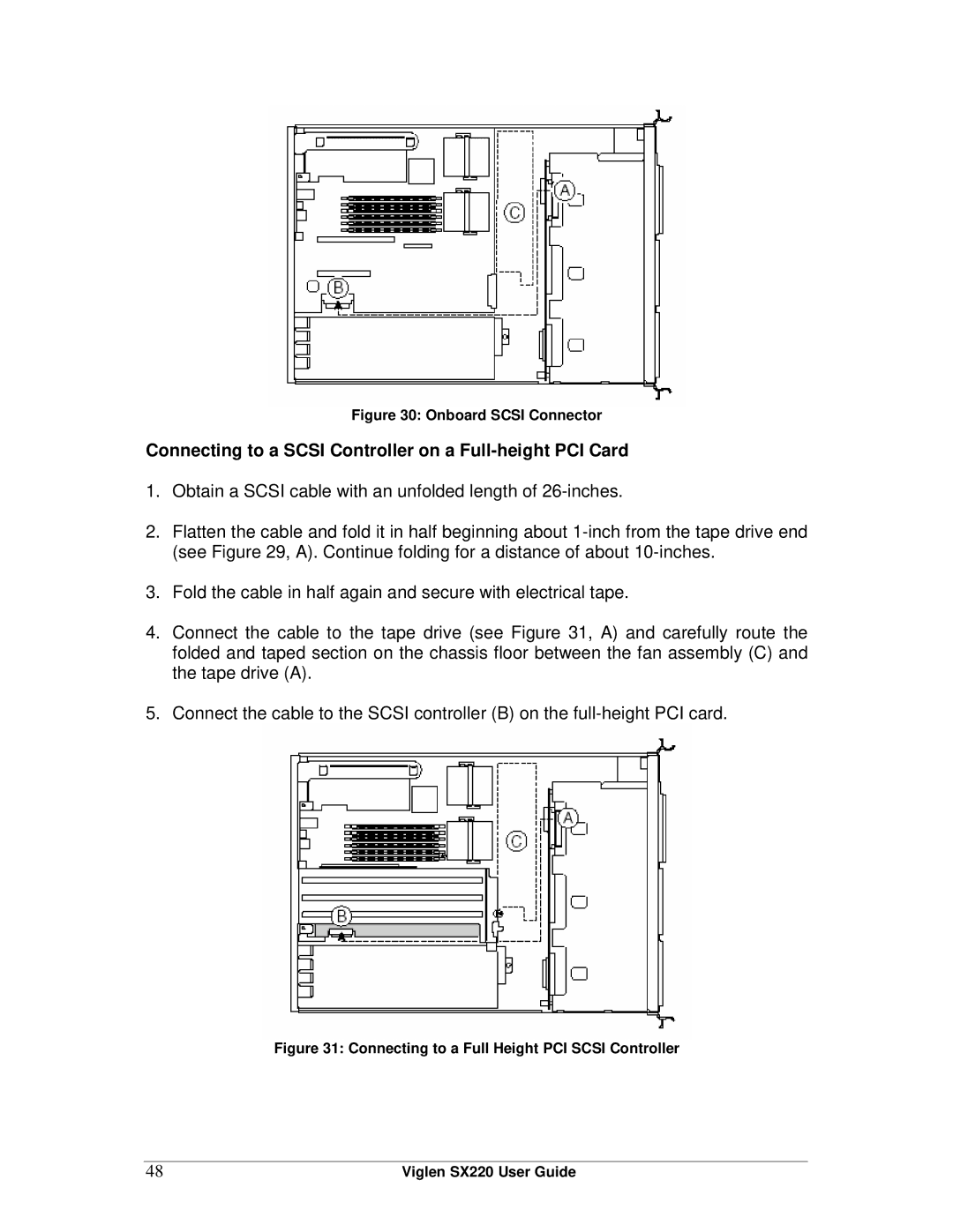 Intel SX220 manual Connecting to a Scsi Controller on a Full-height PCI Card, Onboard Scsi Connector 