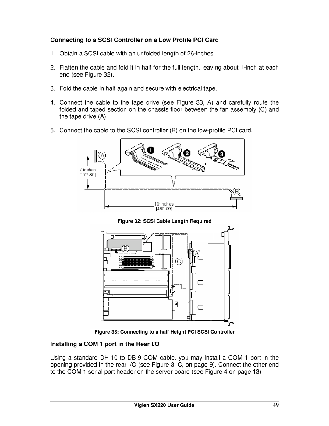 Intel SX220 manual Connecting to a Scsi Controller on a Low Profile PCI Card, Installing a COM 1 port in the Rear I/O 