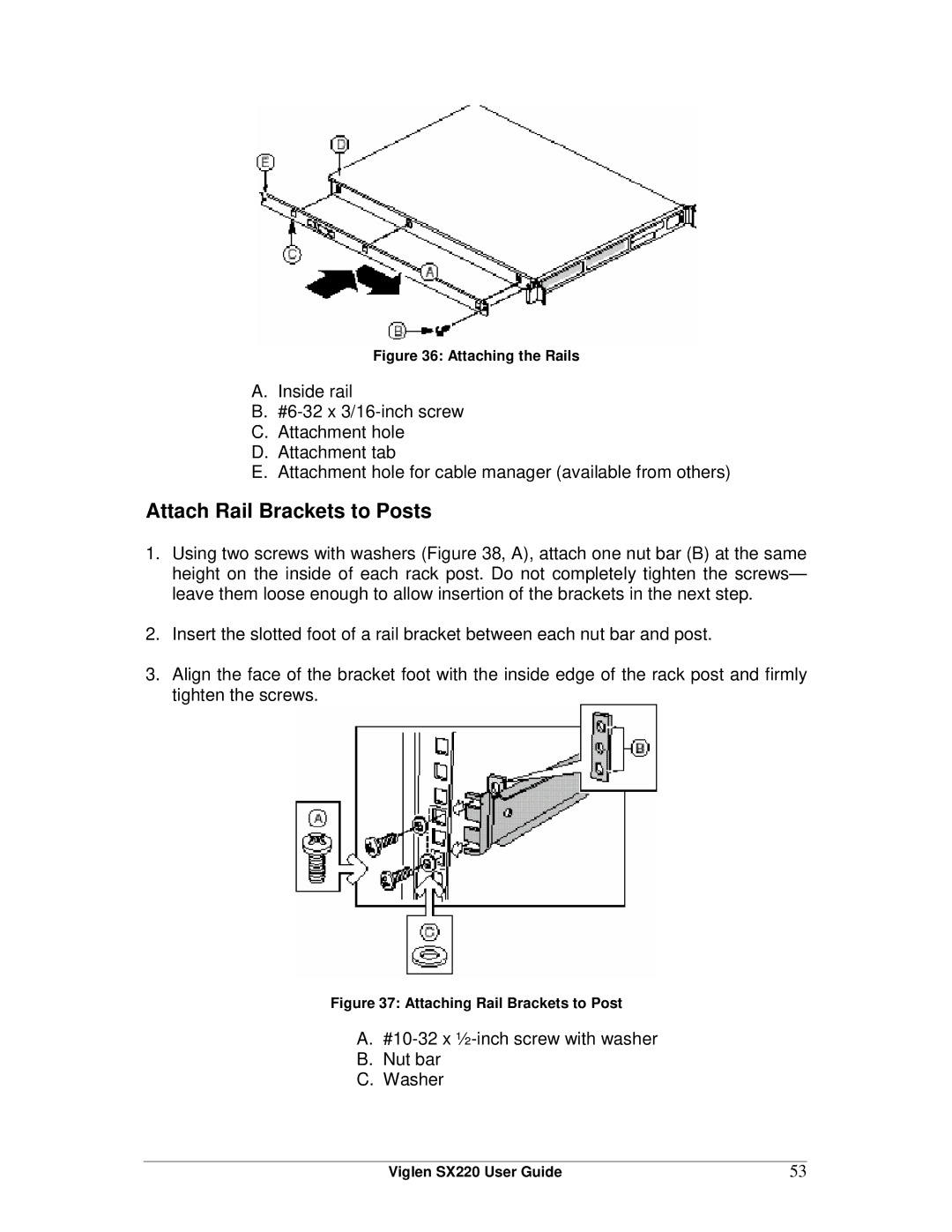 Intel SX220 manual Attach Rail Brackets to Posts, Attaching the Rails 