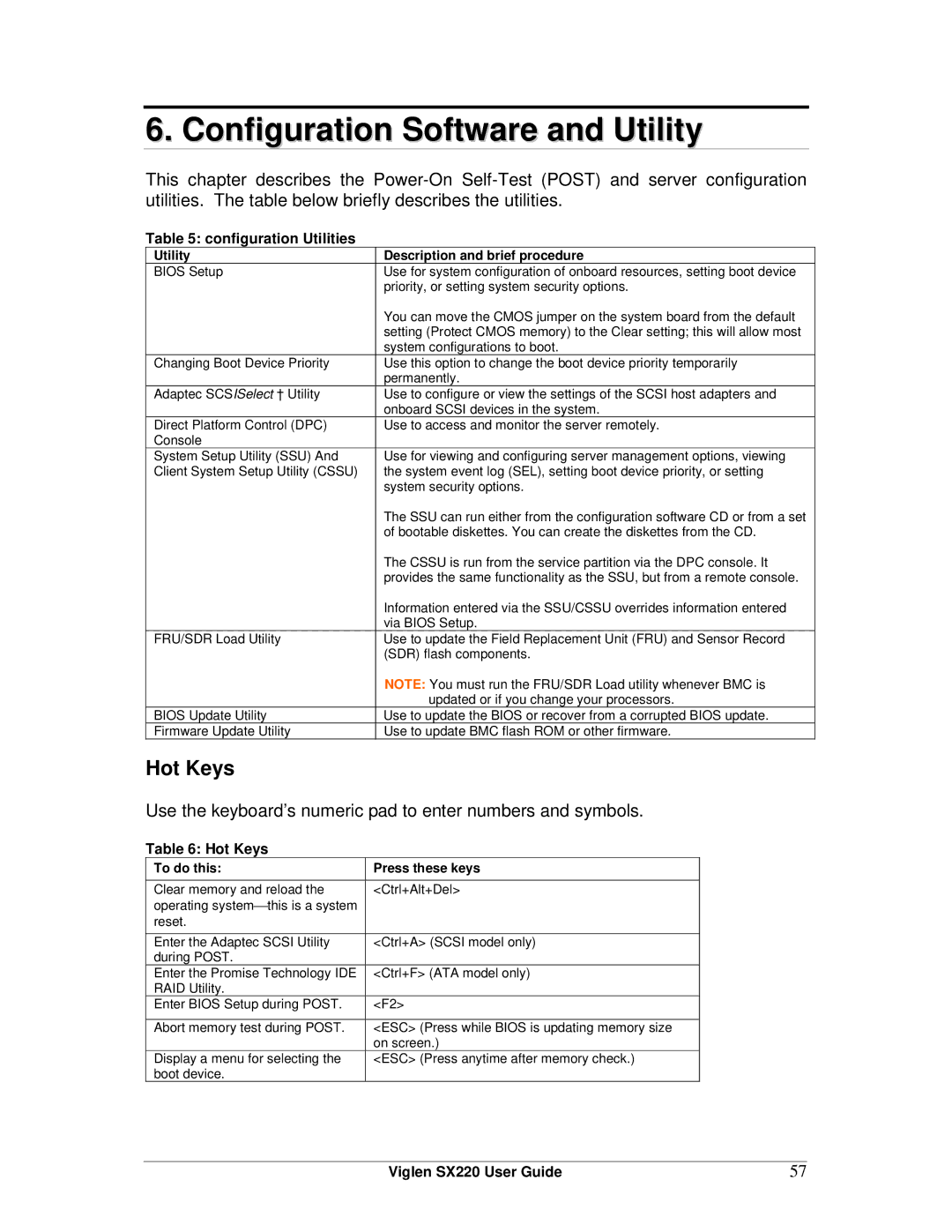 Intel SX220 manual Configuration Software and Utility, Hot Keys, Configuration Utilities 