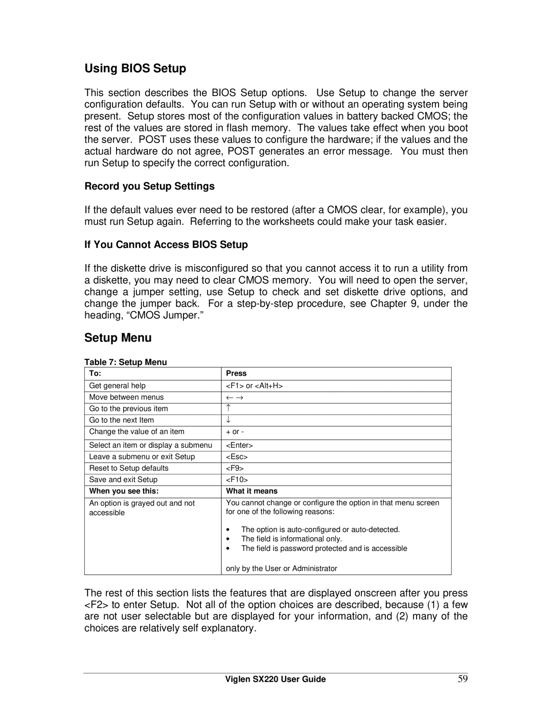 Intel SX220 manual Using Bios Setup, Setup Menu, Record you Setup Settings, If You Cannot Access Bios Setup 