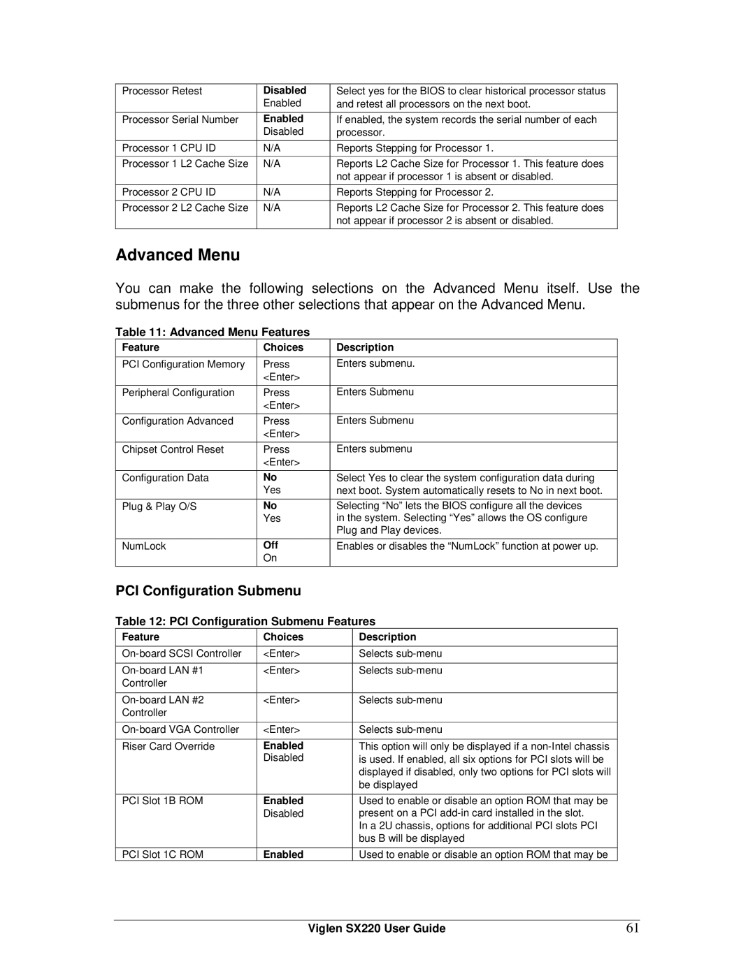 Intel SX220 manual Advanced Menu Features, PCI Configuration Submenu Features 