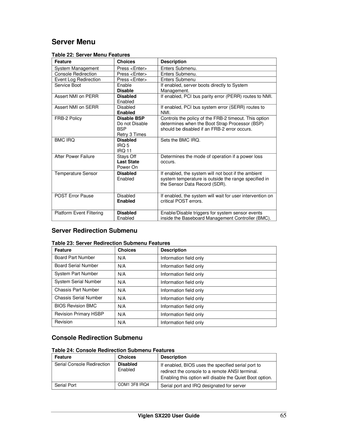 Intel SX220 manual Server Menu, Server Redirection Submenu, Console Redirection Submenu 