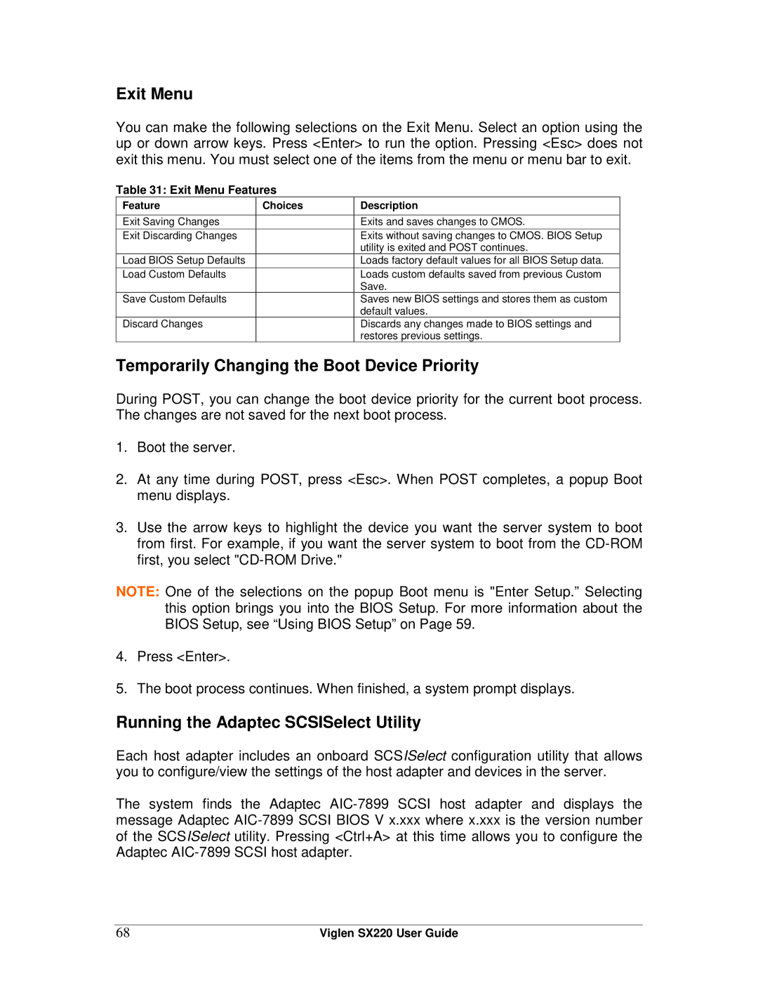 Intel SX220 manual Exit Menu, Temporarily Changing the Boot Device Priority, Running the Adaptec SCSISelect Utility 