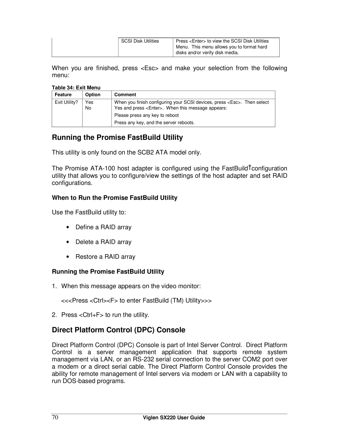 Intel SX220 manual Running the Promise FastBuild Utility, Direct Platform Control DPC Console, Exit Menu 