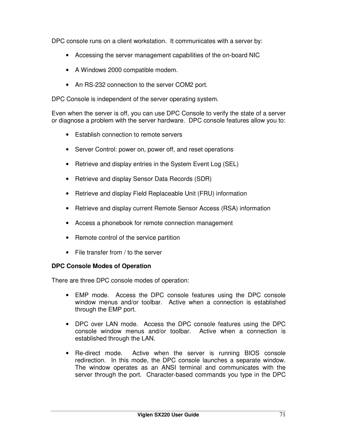 Intel SX220 manual DPC Console Modes of Operation 