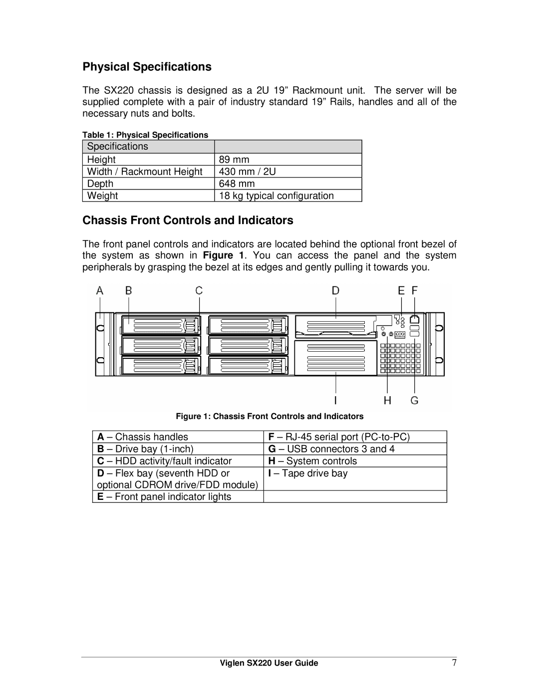 Intel SX220 manual Physical Specifications, Chassis Front Controls and Indicators 