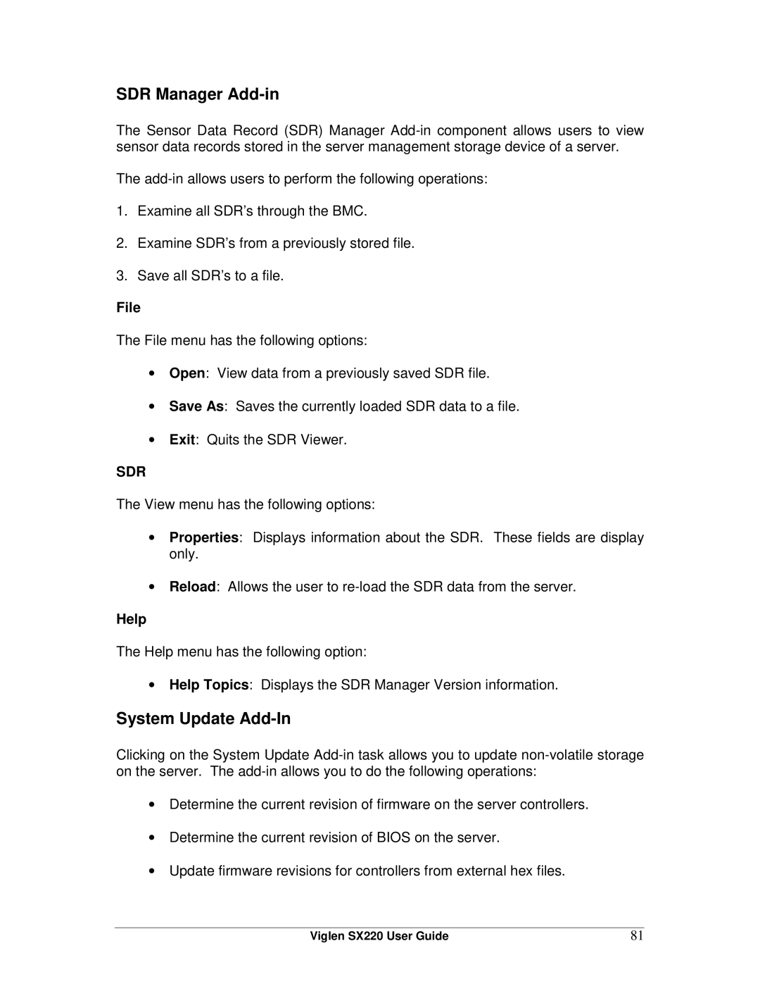 Intel SX220 manual SDR Manager Add-in, System Update Add-In 