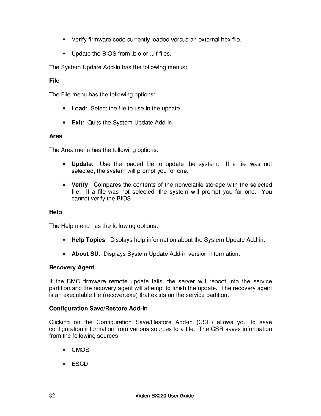 Intel SX220 manual Area, Recovery Agent, Configuration Save/Restore Add-In 