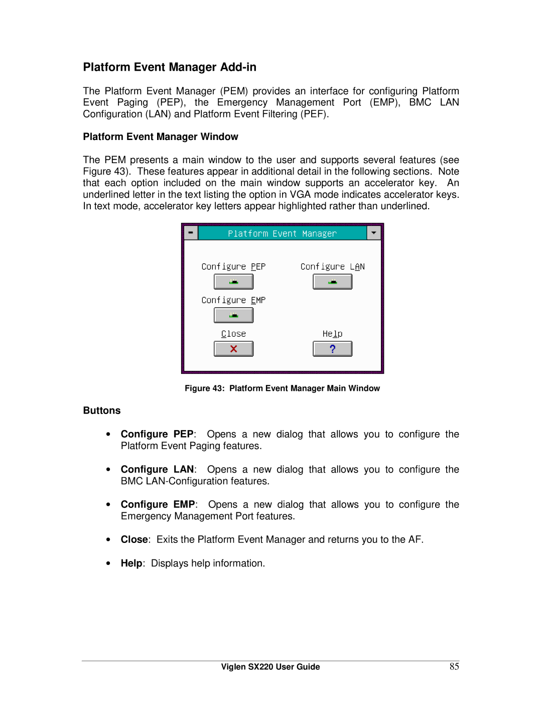 Intel SX220 manual Platform Event Manager Add-in, Platform Event Manager Window 