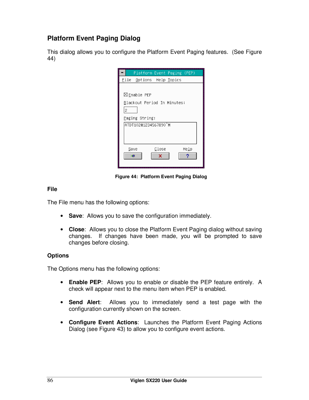 Intel SX220 manual Platform Event Paging Dialog, Options 