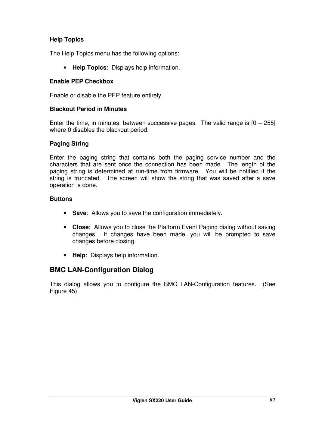 Intel SX220 BMC LAN-Configuration Dialog, Help Topics, Enable PEP Checkbox, Blackout Period in Minutes, Paging String 