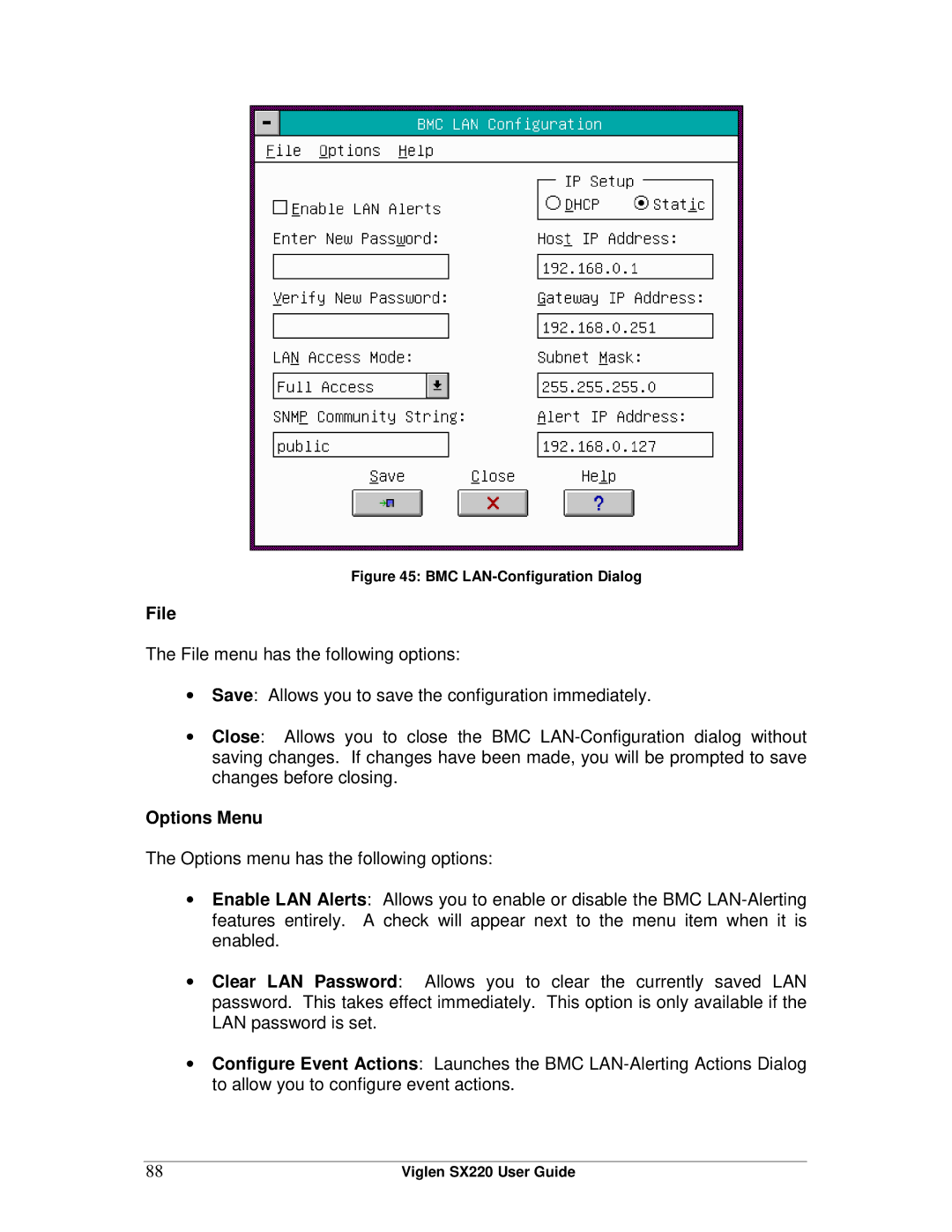 Intel SX220 manual Options Menu, BMC LAN-Configuration Dialog 