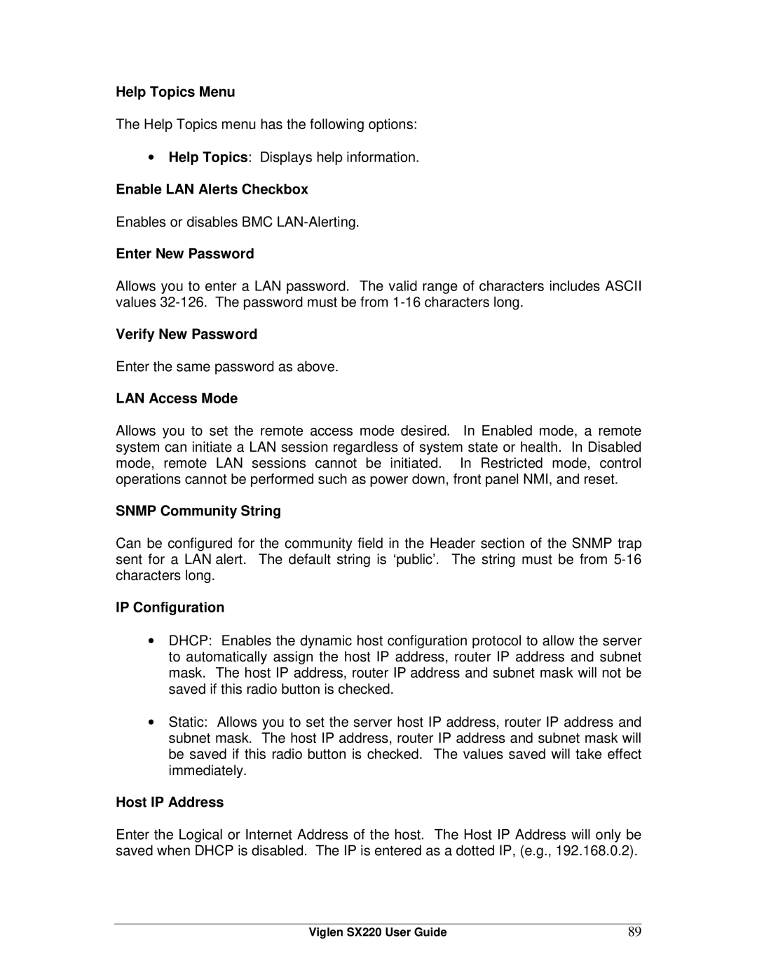 Intel SX220 manual Help Topics Menu, Enable LAN Alerts Checkbox, Enter New Password, Verify New Password, LAN Access Mode 