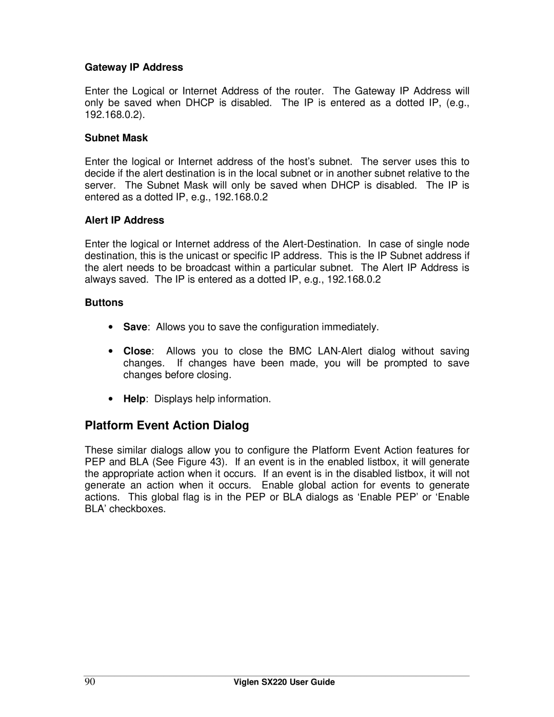 Intel SX220 manual Platform Event Action Dialog, Gateway IP Address, Subnet Mask, Alert IP Address 