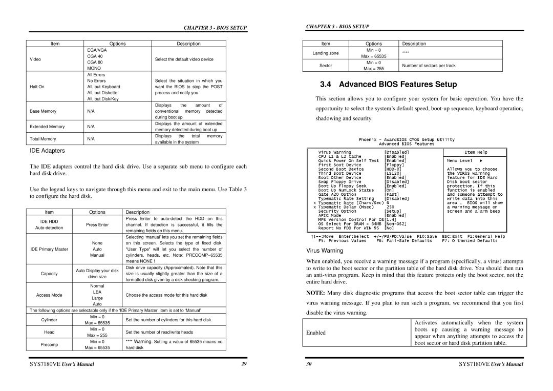 Intel SYS7180VE user manual Advanced Bios Features Setup, IDE Adapters, Virus Warning 