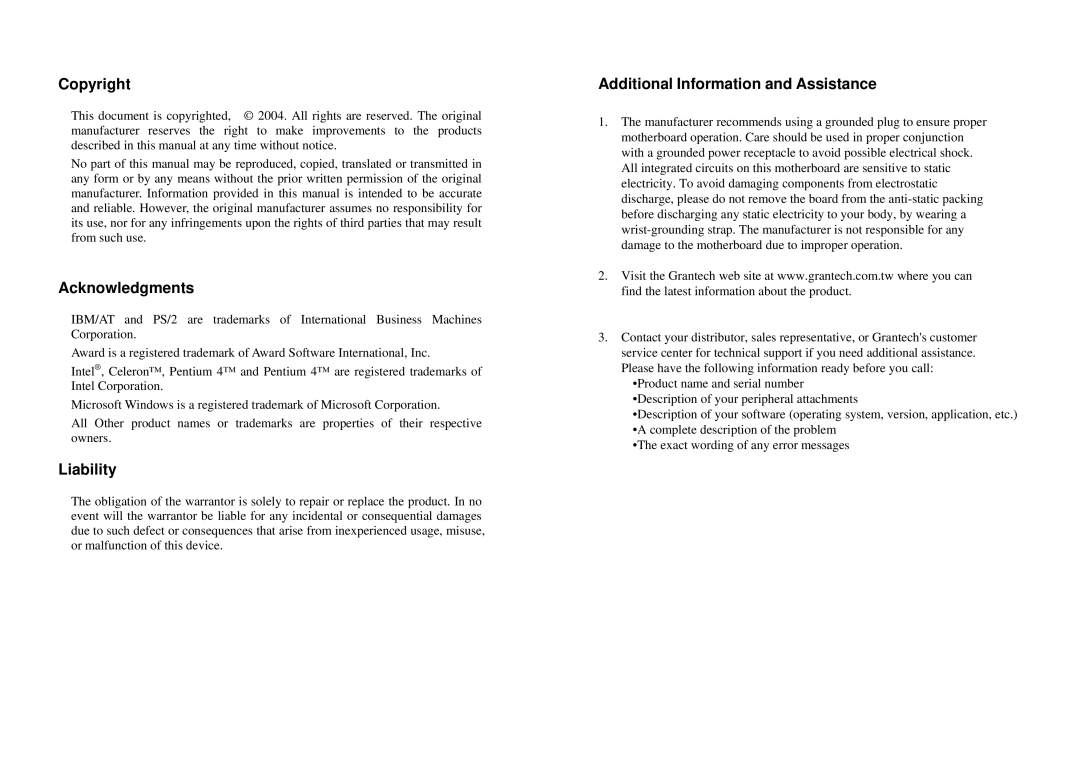 Intel SYS7180VE user manual Copyright, Acknowledgments, Liability, Additional Information and Assistance 