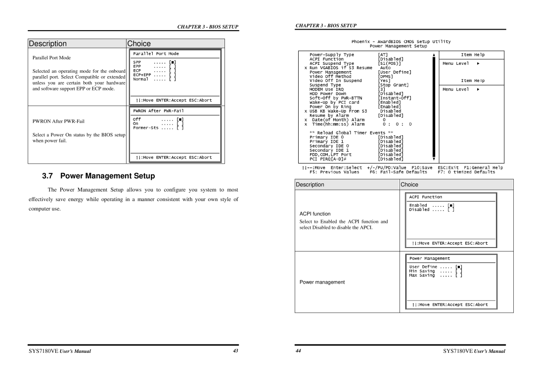 Intel SYS7180VE user manual Power Management Setup, Acpi function, Power management 