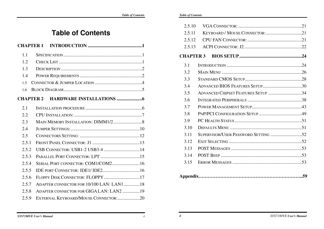 Intel SYS7180VE user manual Table of Contents 