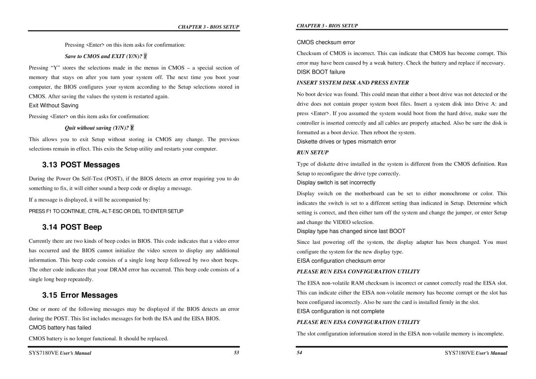 Intel SYS7180VE user manual Post Messages, Post Beep, Error Messages 