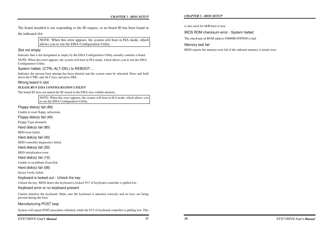 Intel SYS7180VE user manual Slot not empty, System halted, CTRL-ALT-DEL to Reboot, Wrong board in slot, Floppy disks fail 