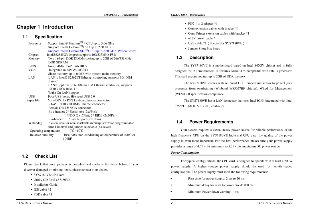 Intel SYS7180VE user manual Specification, Check List, Description, Power Requirements 