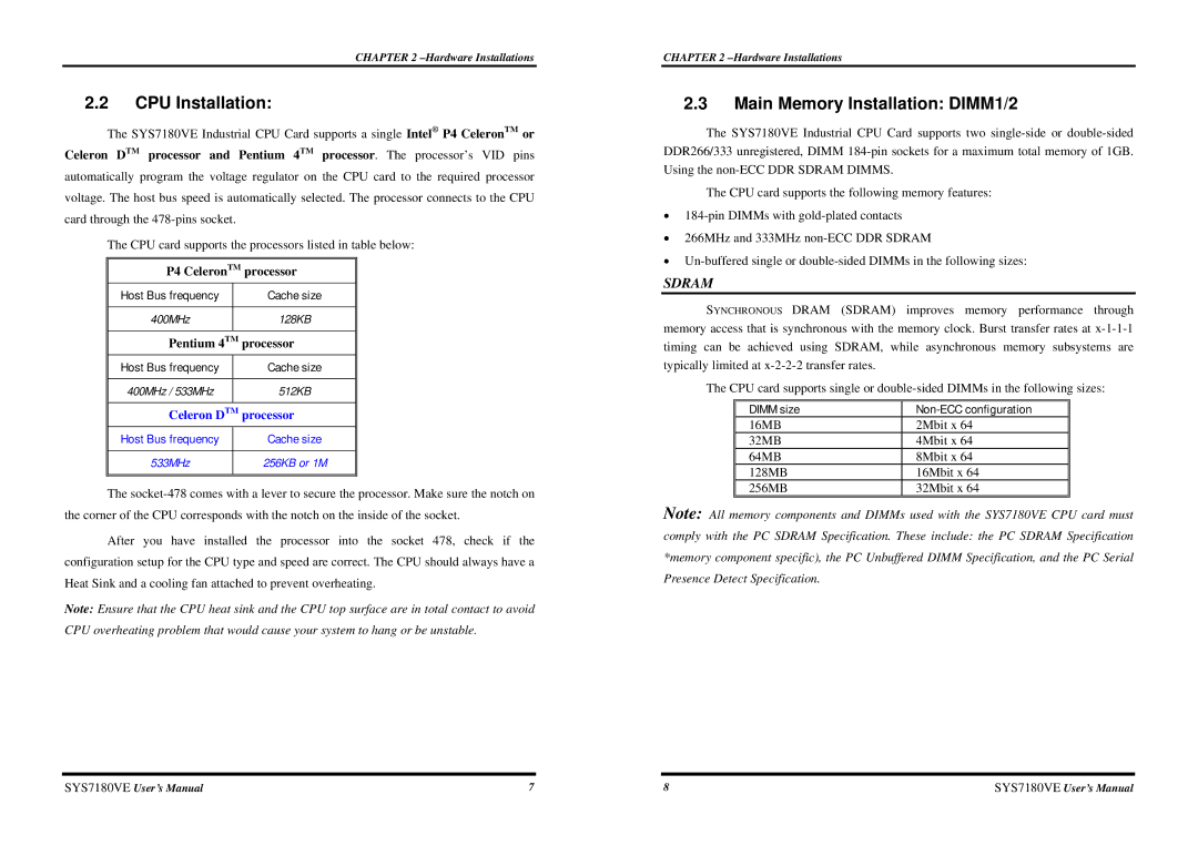 Intel SYS7180VE user manual CPU Installation, Main Memory Installation DIMM1/2, Host Bus frequency Cache size 