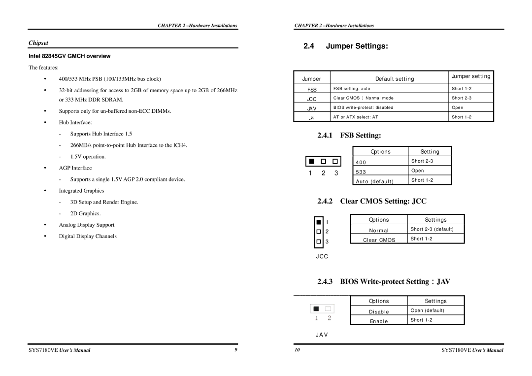 Intel SYS7180VE user manual Jumper Settings, Intel 82845GV Gmch overview 