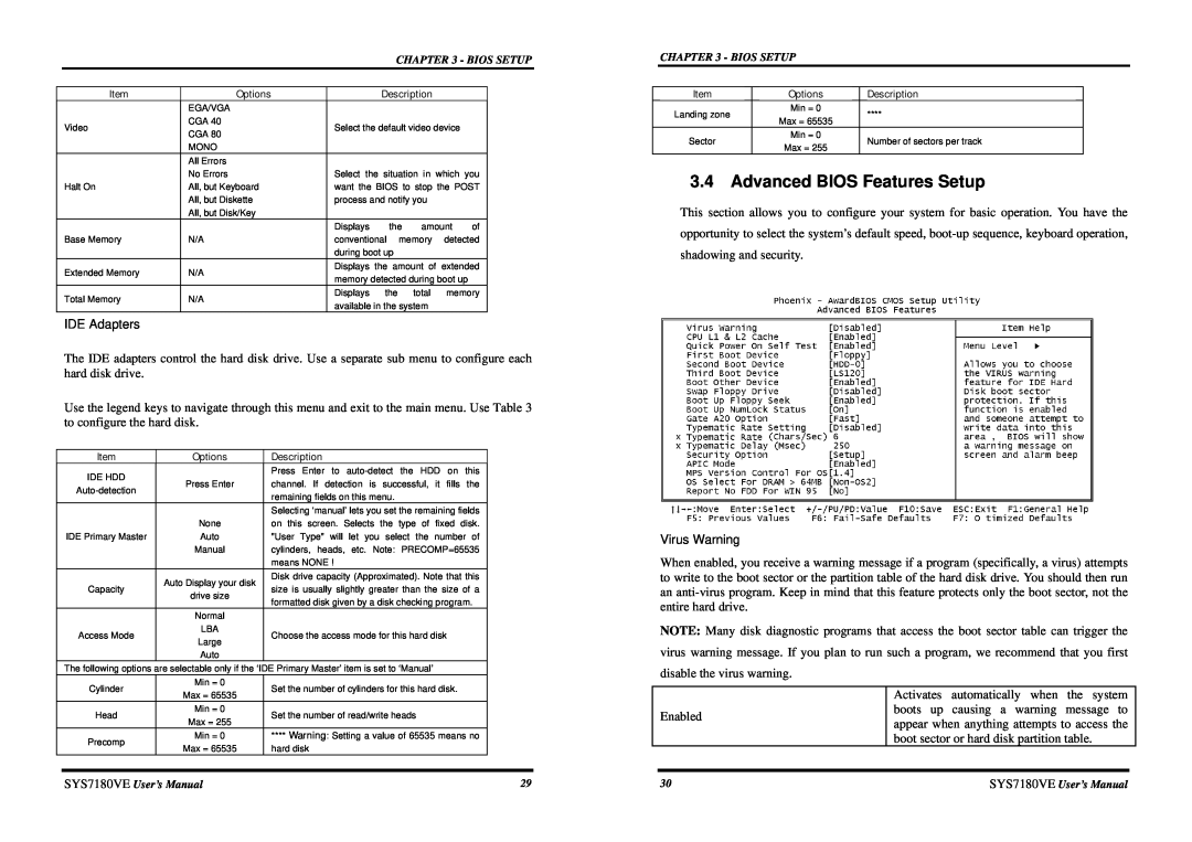 Intel SYS7180VE user manual Advanced BIOS Features Setup 