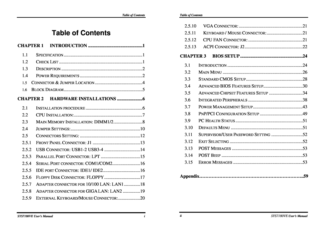 Intel SYS7180VE user manual Chapter, Bios Setup, Appendix…………………………………………………………..59, Table of Contents 