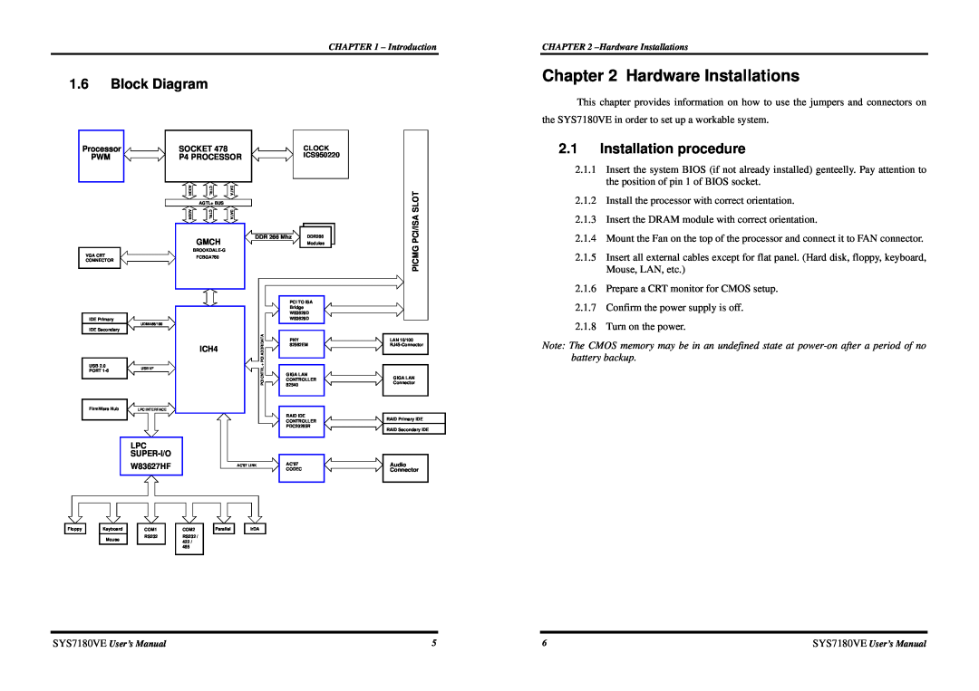 Intel SYS7180VE user manual Hardware Installations, 1.6Block Diagram, Installation procedure 
