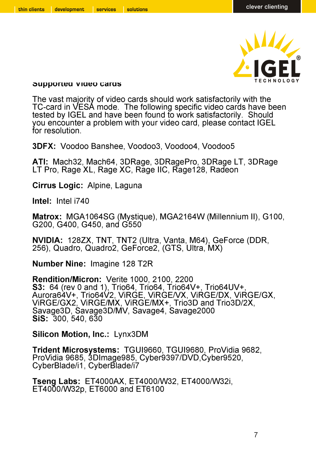 Intel TC 64 LX CF, TC 32 LX CF manual Supported Video cards, Cirrus Logic Alpine, Laguna, Silicon Motion, Inc. Lynx3DM 