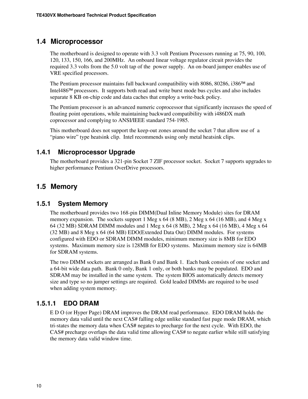 Intel TE430VX manual Microprocessor Upgrade, System Memory, EDO Dram 