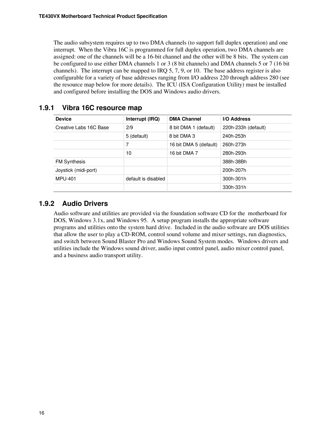 Intel TE430VX manual Vibra 16C resource map, Audio Drivers 