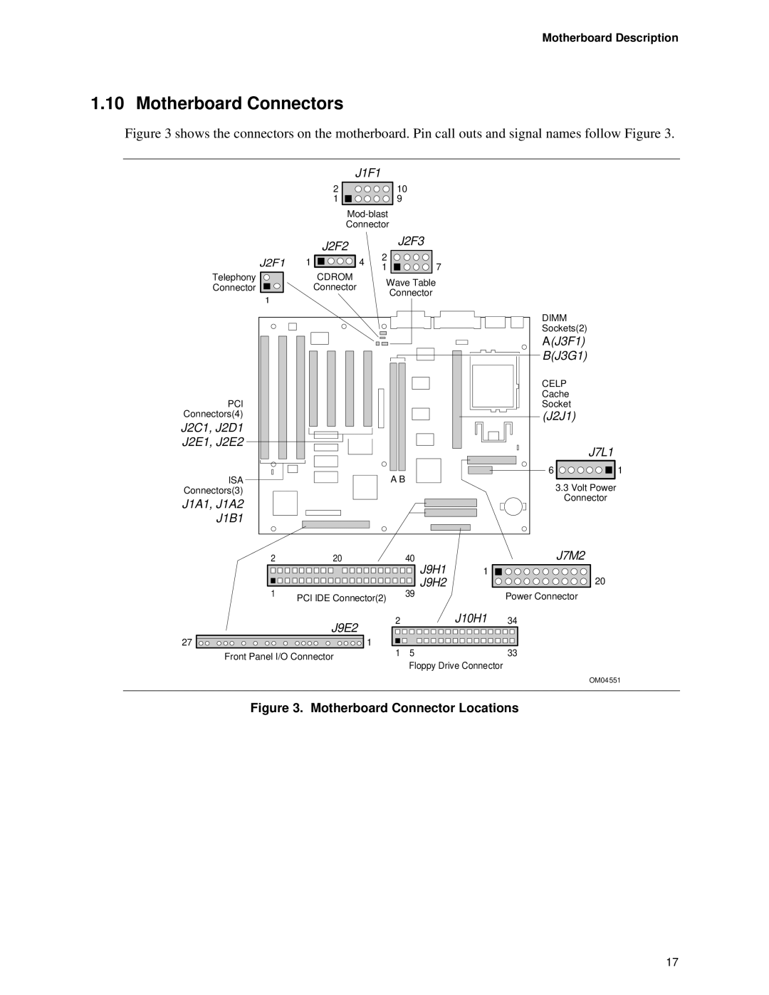 Intel TE430VX manual Motherboard Connectors, Motherboard Connector Locations 