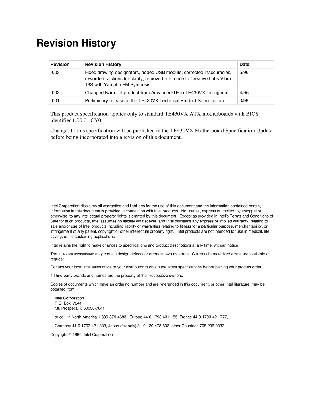 Intel TE430VX manual Revision History, Date 