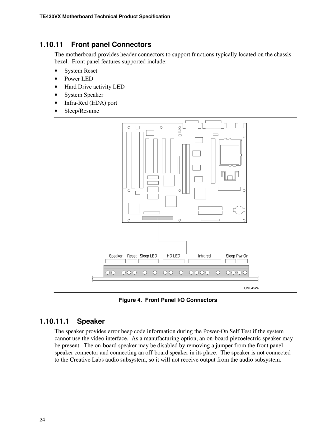 Intel TE430VX manual Front panel Connectors, Speaker 
